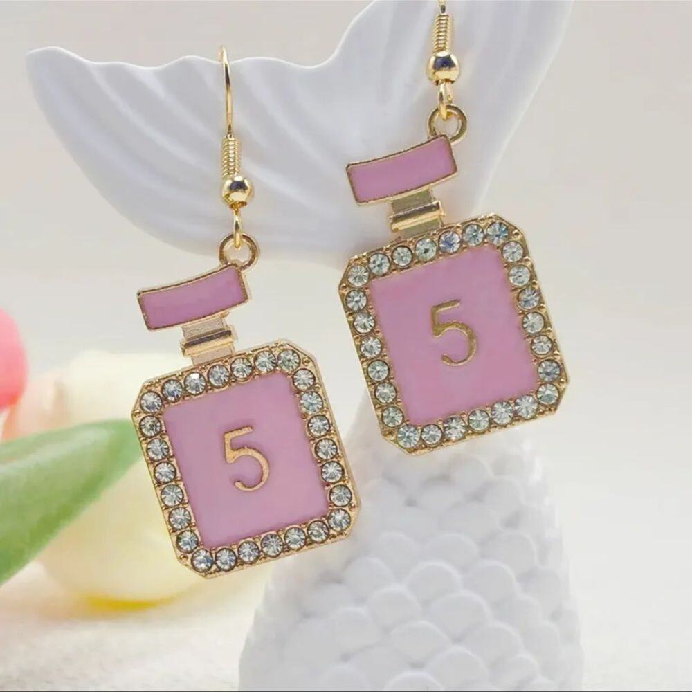 Pink Enamel No5 Perfume Bottle Earrings Gold Crystal Bling